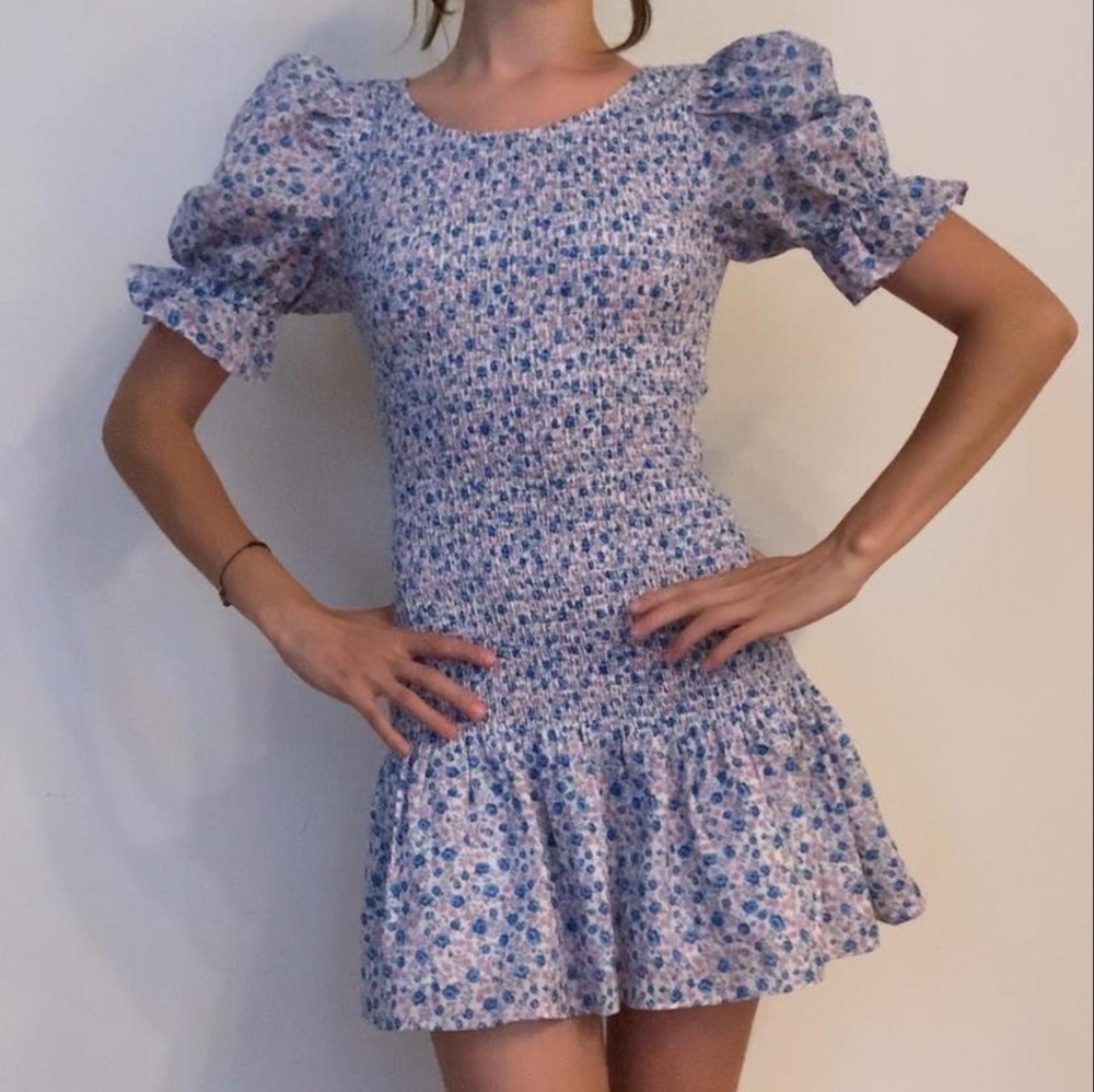 LoveShackFancy Blue Floral Mini Dress